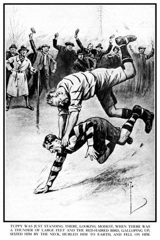 TUPPY WAS JUST STANDING THERE, LOOKING MODEST, WHEN THERE WAS A THUNDER OF LARGE FEET AND THE RED-HAIRED BIRD, GALLOPING UP, SEIZED HIM BY THE NECK, HURLED HIM TO EARTH, AND FELL ON HIM.