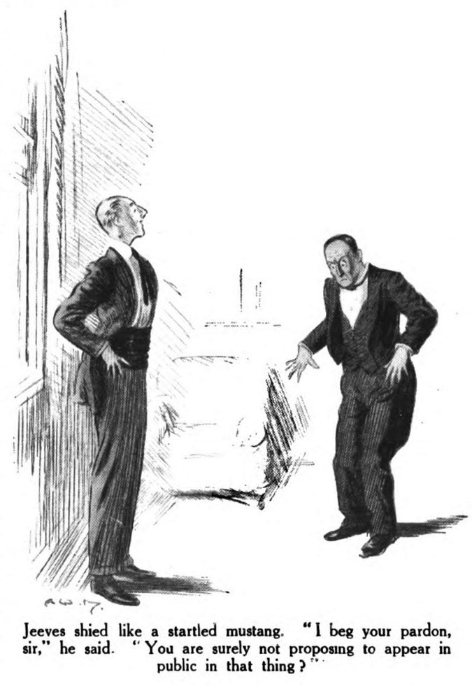 Jeeves shied like a startled mustang. "I beg your pardon, sir," he said. "You are surely not proposing to appear in public in that thing ?