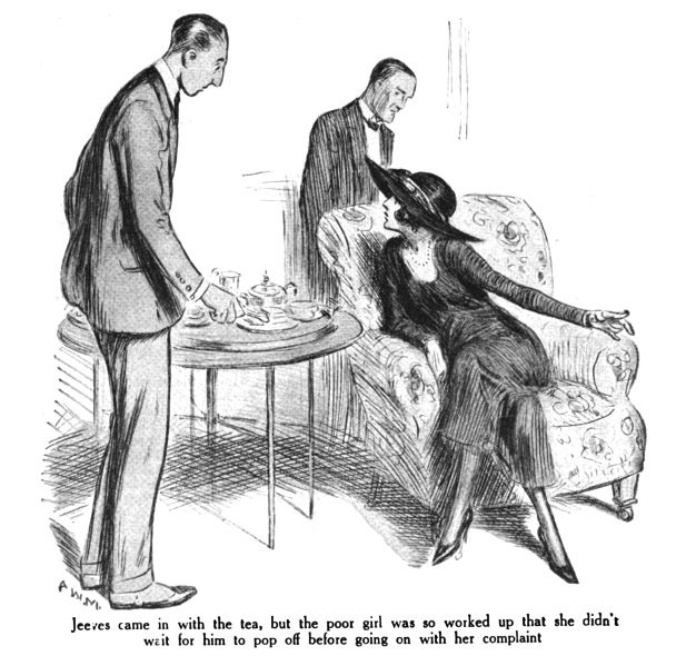 Jeeves came in with the tea, but the poor girl was so worked up that she didn't wait for him to pop off before going on with her complaint