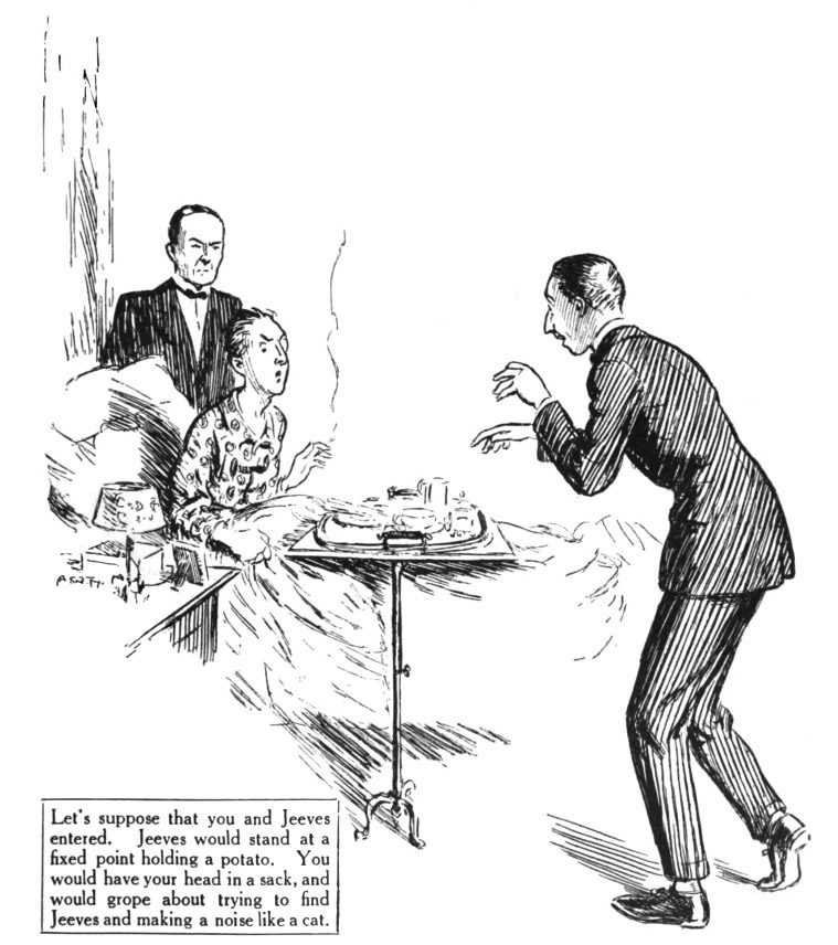 Let's suppose that you and Jeeves entered. Jeeves would stand at a fixed point holding a potato. You would have your head in a sack, and would grope about trying to find Jeeves and making a noise like a cat.