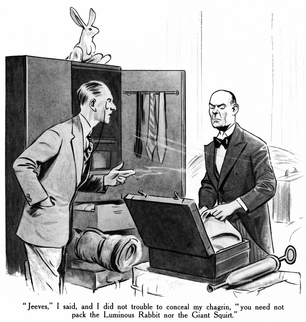 Jeeves," I said, and I did not trouble to conceal my chagrin, you need not pack the Luminous Rabbit nor the Giant Squirt.